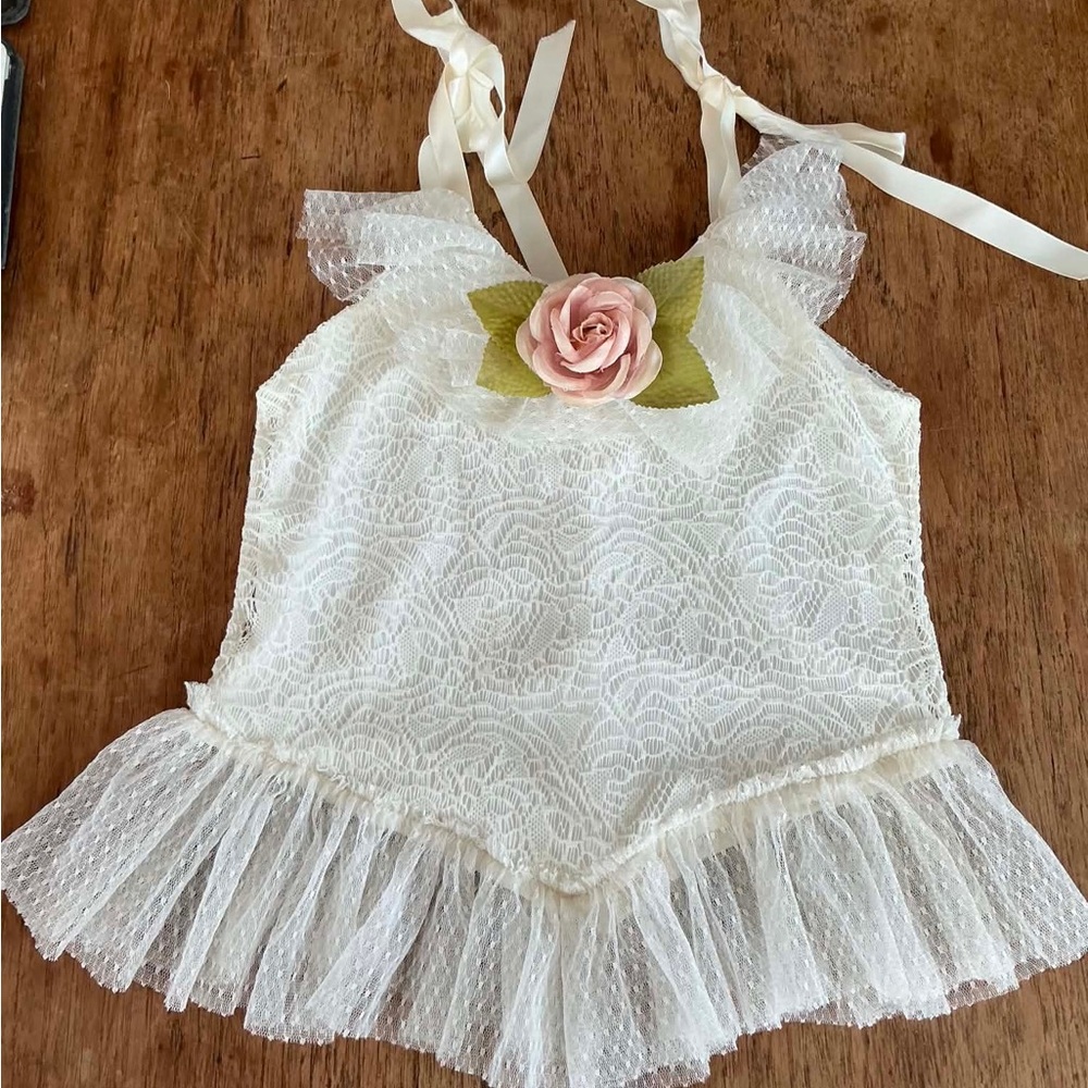 Girls' Cream Lace Ruffle Tank Top with Flower Accent